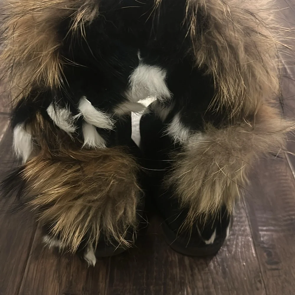 Black Faux Fur Suede Flat Mid Calf Winter Boots Size 6